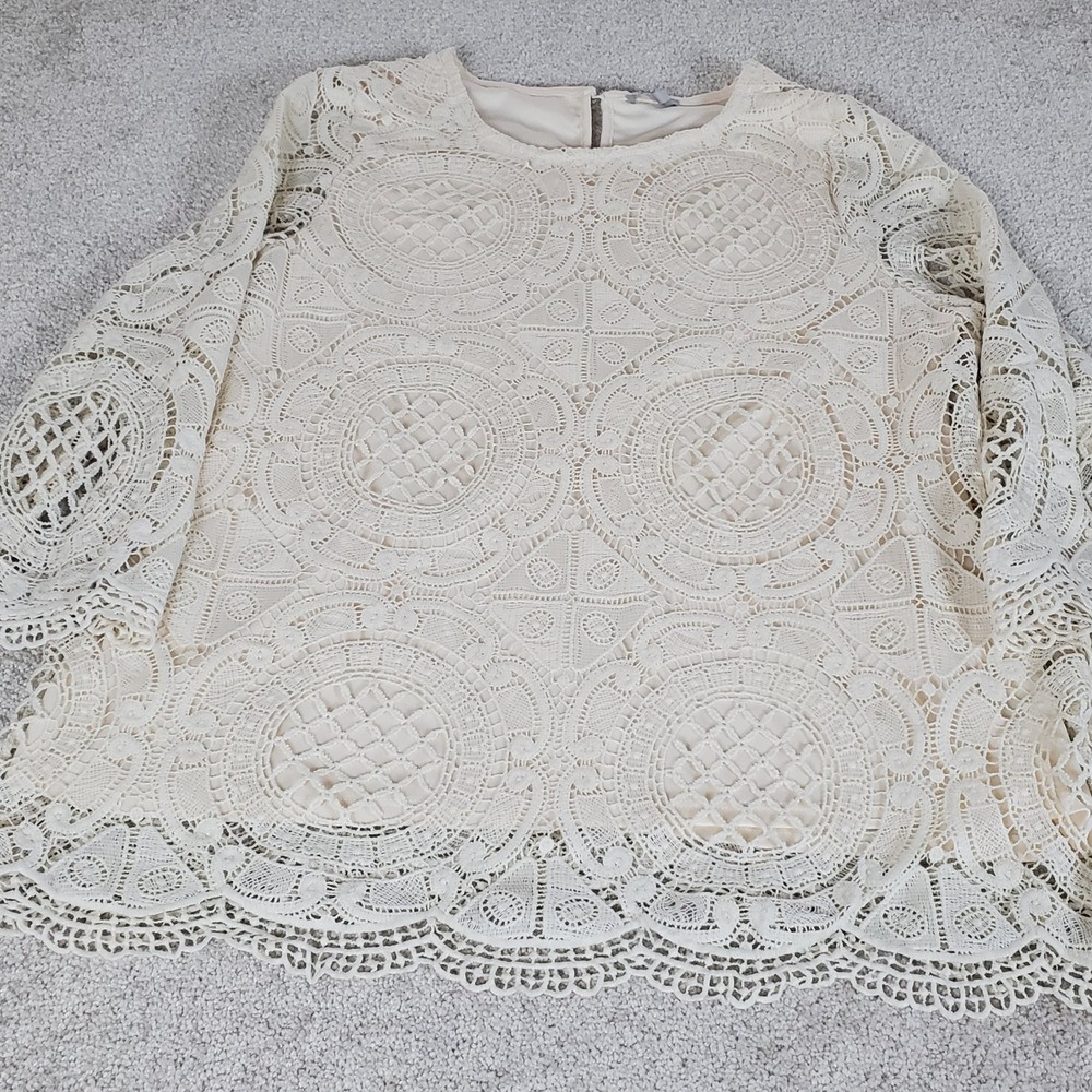 Jodifl Lace Top Women's Large Cream Crochet Long Sleeve Boho Pullover